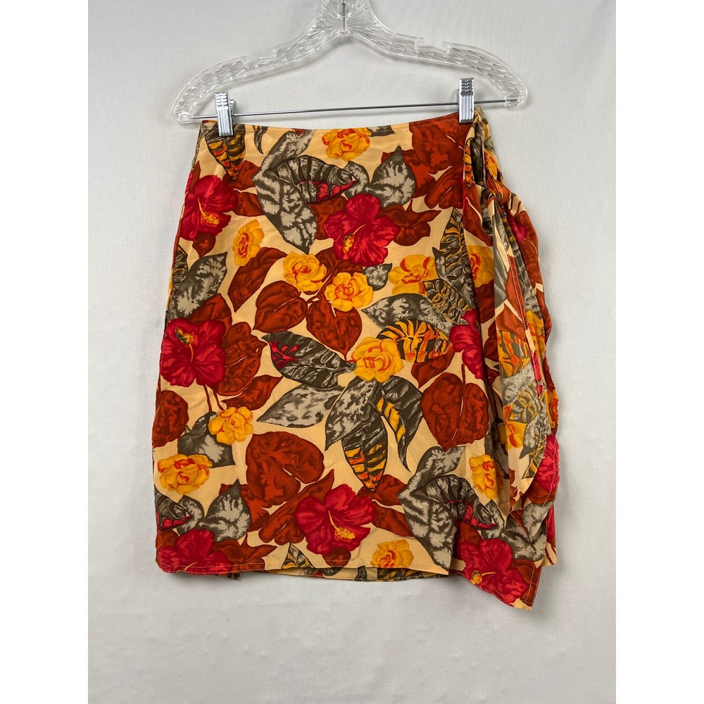 Silks by St. Gillian Wrap Skirt Women Large Red Orange Silk Tropical Floral